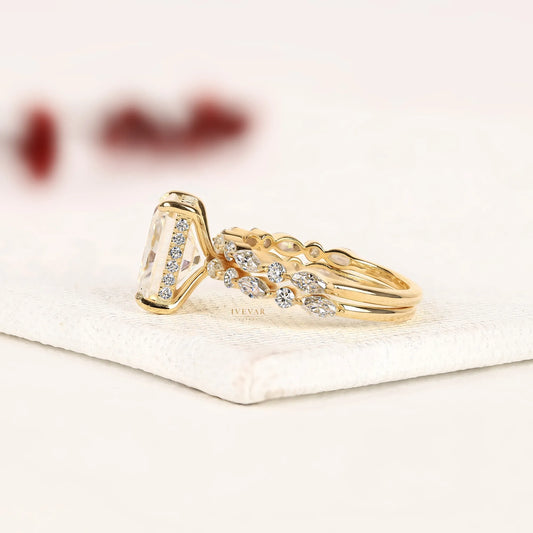 Radiant Cut Moissanite Diamond Ring Floral Marquise Diamond Band - View 2