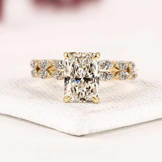 Radiant Cut Solitaire Lab Diamond Engagement Ring with Bridal Marquise Diamond Ring Set