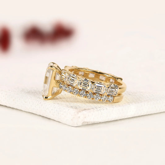Emerald Cut Lab Diamond Bridal Ring Set with Pave Wedding Band - View 2