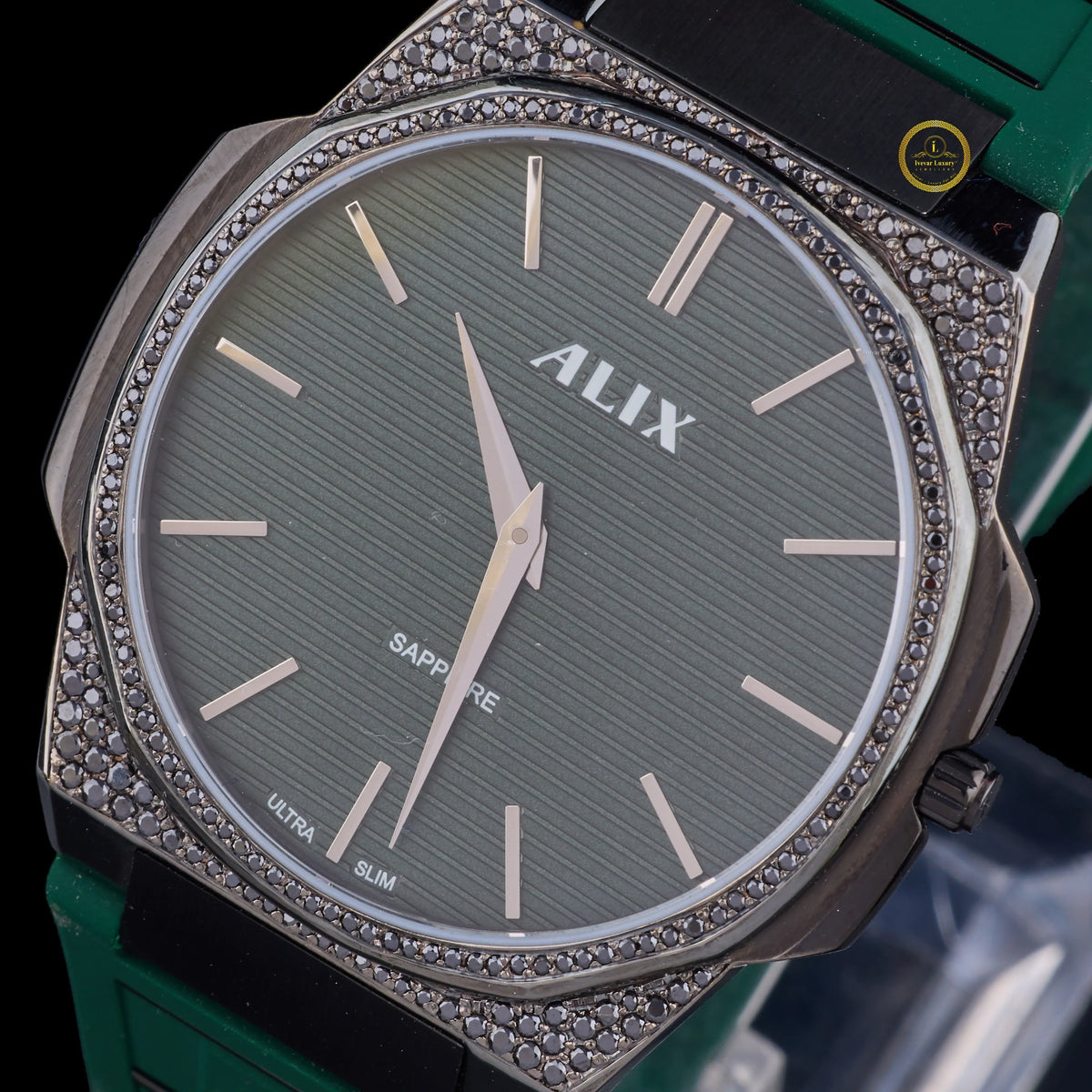 Rose Gold Diamond Bezel Green Strep Watch - View 2