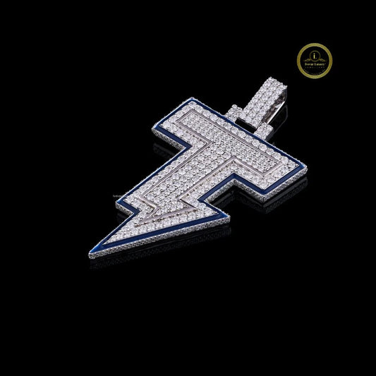 Custom Iced Out Lightning Bolt Pendant With Blue Enamel Border and Diamond By Ivevar