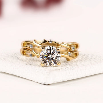 Round Cut Lab Diamond Bridal Ring Set with Nature-Inspired Leaf Vine Band