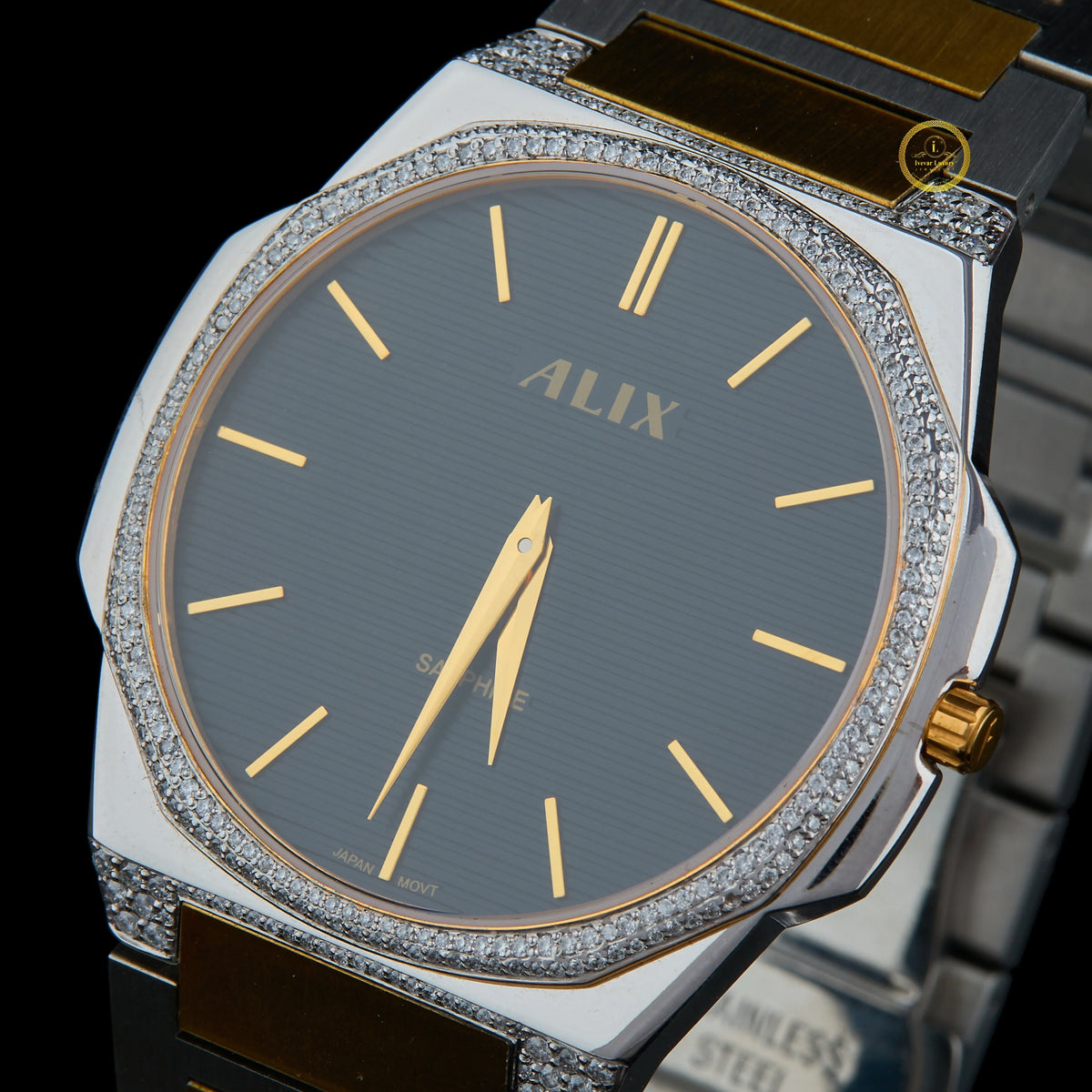 Men's Two-Tone Watch with Black Dial and Pave Diamond Bezel - View 2