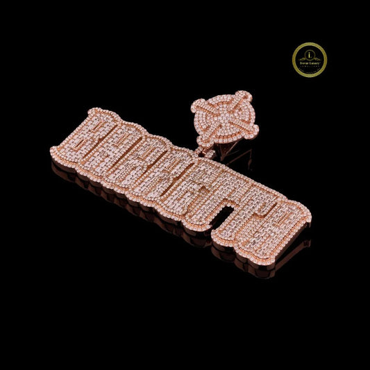 Custom Iced Out Rose Gold Barrgtta Nameplate Pendant Featuring Baguette and Round Cut Simulated Lab Diamonds By Ivevar