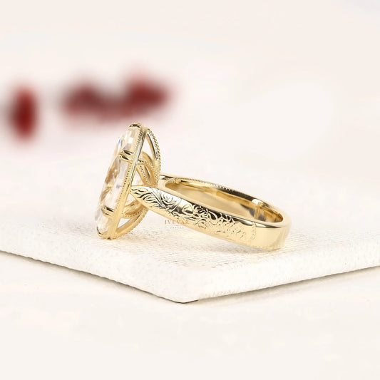 Vintage Oval Cut Lab Solitaire Diamond Ring with Engraved Band - View 2