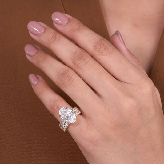 Oval Cut Solitaire Lab Diamond Ring with Double Pave Band - View 2