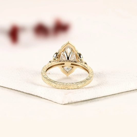Marquise Cut Moissanite Diamond Ring with Milgrain Band - View 2