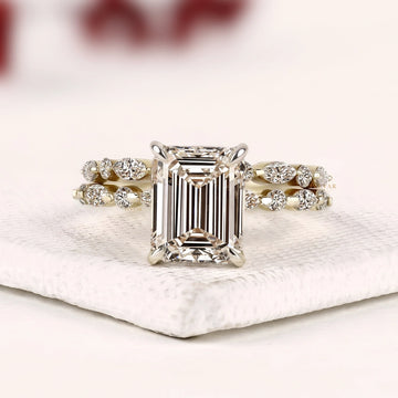 Hidden Halo Emerald Cut Moissanite Diamond Bridal Set with Pave Band