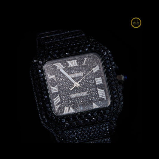 All Black Iced Luxury Watch – Moissanite Diamond Roman Numeral Dial & Full Diamond Setting