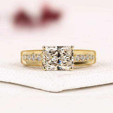 Radiant Cut Lab Solitaire Engagement Ring with Split Shank Diamond Band