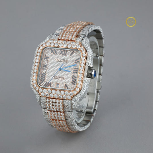 Exquisite Two-Tone Moissanite Diamond-Studded Luxury Timepiece with Roman Dial and Paved wristwatch
