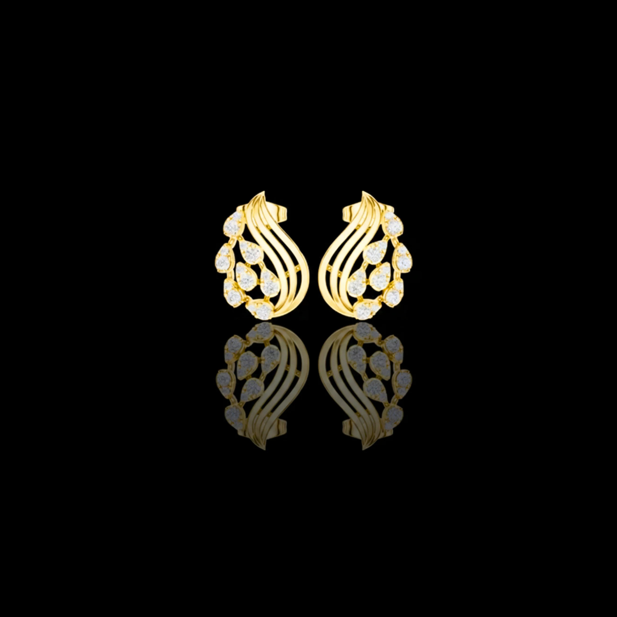 Modern Wave Round Lab Diamond Stud Earrings Flowing Flame Design