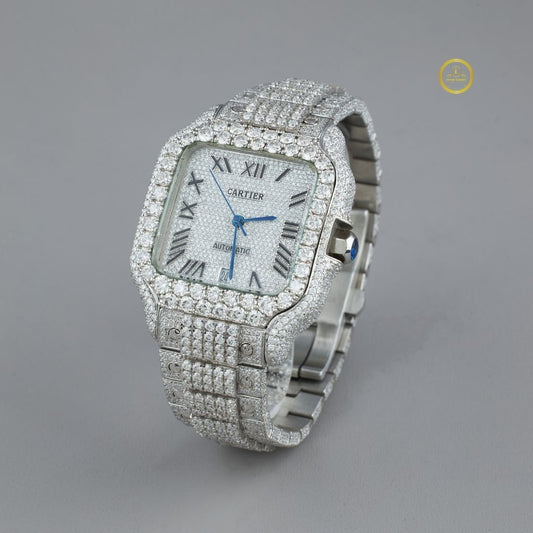 Exquisite Moissanite Diamond-Encrusted Luxury Timepiece with Roman Numeral Dial and Dazzling Precision Craftsmanship