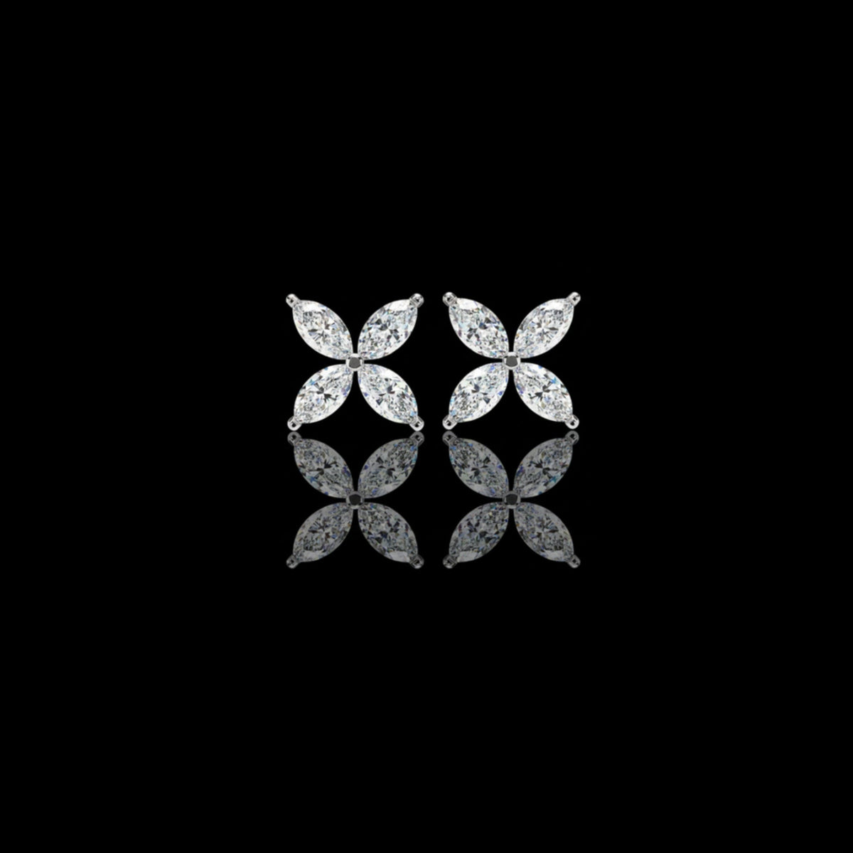 Contemporary Luxury Marquise Cut Moissanite Diamond Four Petal Floral Stud Earring
