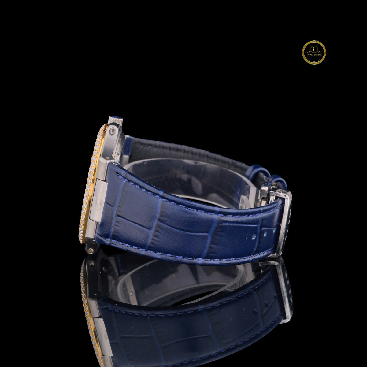 Blue Dial Diamond Bezel Watch with Leather Strap - View 3