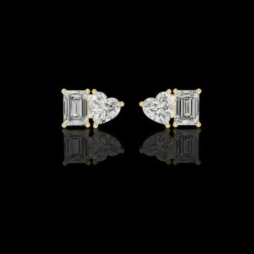 Dual Spark Heart & Emerald Cut Lab Diamond Stud Earrings