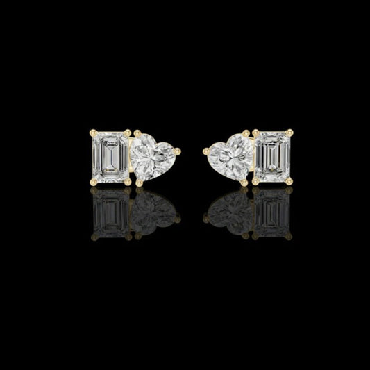 Dual Spark Heart & Emerald Cut Lab Diamond Stud Earrings