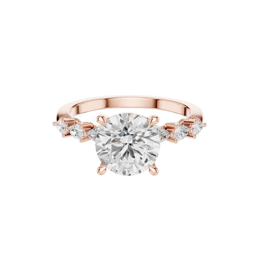 Round Cut Brilliant Moissanite Diamond Ring With Pear Accents Band - View 2