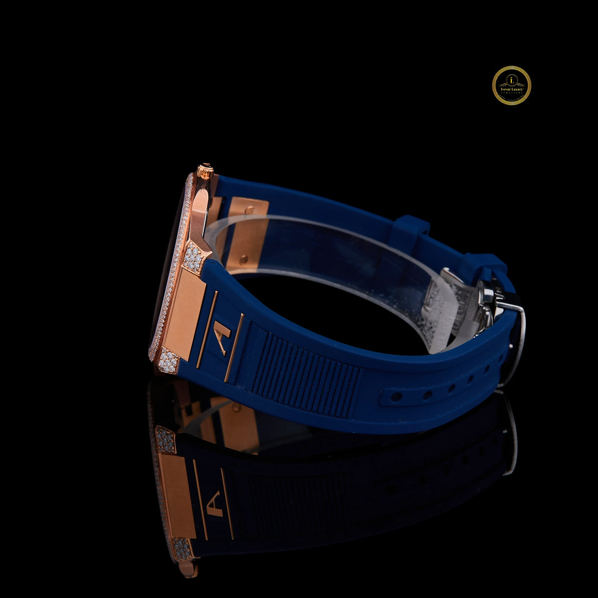 Rose Gold Blue Face Diamond Bezel Blue Strap Luxury Watch - View 3