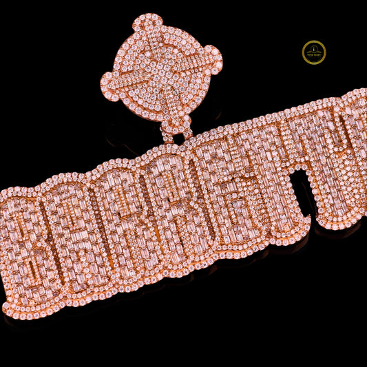Custom Iced Out Rose Gold Barrgtta Nameplate Pendant Featuring Baguette and Round Cut Simulated Lab Diamonds By Ivevar