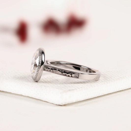 Oval Cut Bezel Lab Diamond Engagement Ring with Vintage Engraved Band - View 2