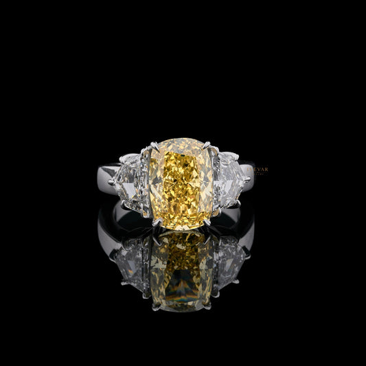Fancy Vivid Yellow Cushion Moissanite Diamond With Cadillac Sidestone Ring