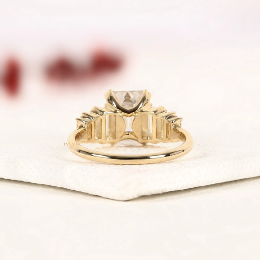 Emerald Cut Moissanite Diamond Five Stone Ring in Gold - View 2