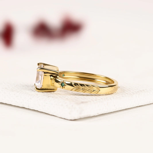 Emerald Cut Lab Diamond Engagement Ring With Celestial Star Engraved Band - View 2