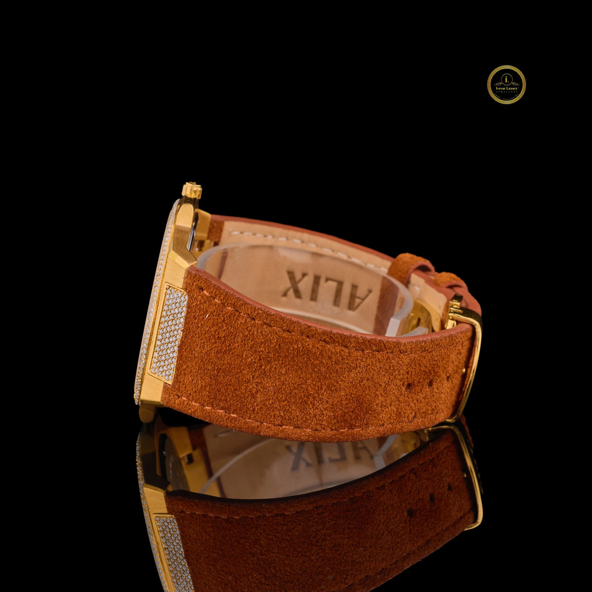 Gold Diamond Bezel Brown Suede Strap Men's Watch - View 3