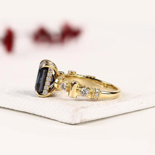 Radiant Cut Blue Sapphire Moissanite Diamond Engagement Ring with Diamond Accent Bar Band - View 2