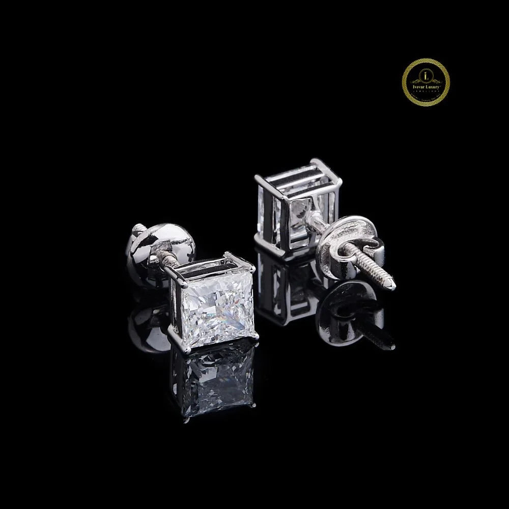 Princess Lab Diamond Classic Solitaire Stud Earrings with Four Prong Crown - View 3