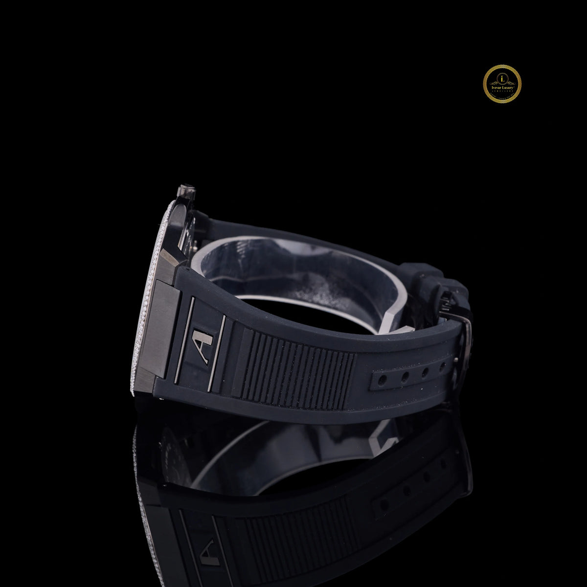 Black Diamond Bezel Minimalist Rubber Strap Men's Watch - View 3
