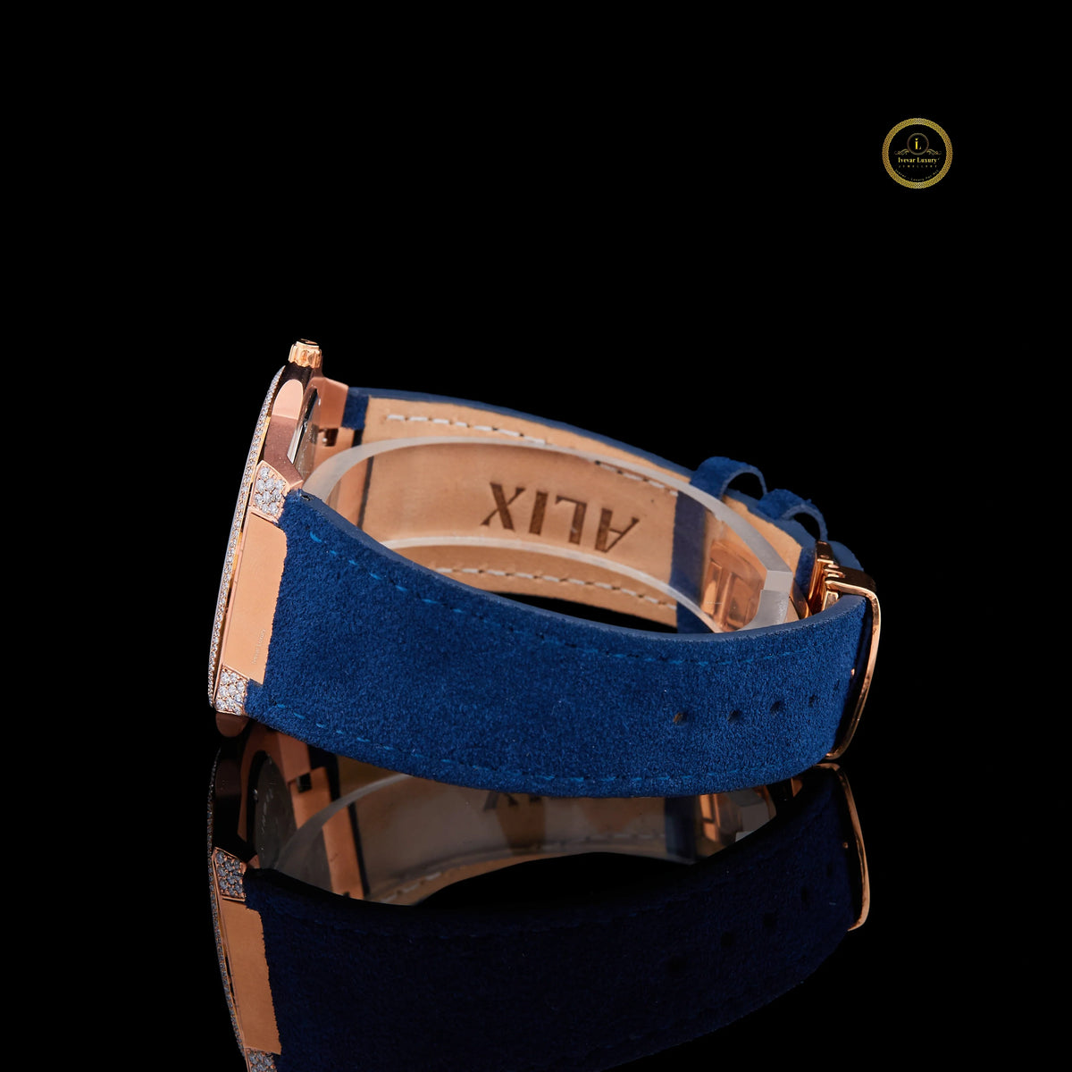 Rose Gold Crystal Bezel Diamond Blue Dial Watch - View 3