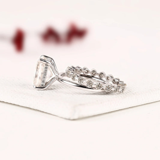 Radiant Cut Solitaire Moissanite Diamond Bridal Ring Set with Pave Band - View 2