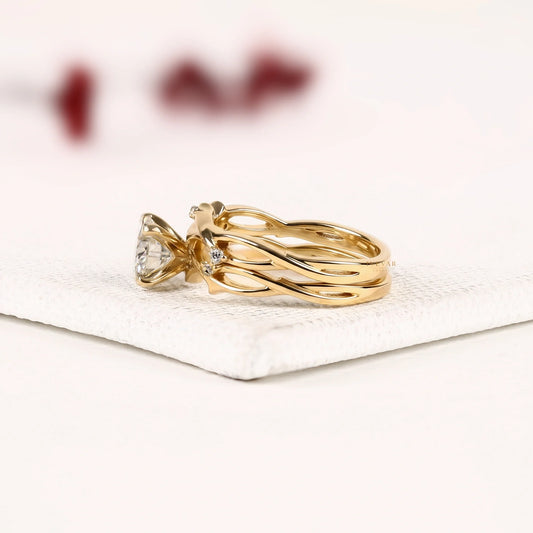 Round Cut Moissanite Diamond Bridal Ring Set with Nature-Inspired Leaf Vine Band - View 2