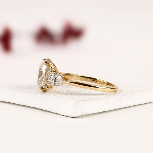 Cushion Cut Three Stone Lab Diamond Engagement Ring with Pear Side Stones - View 2