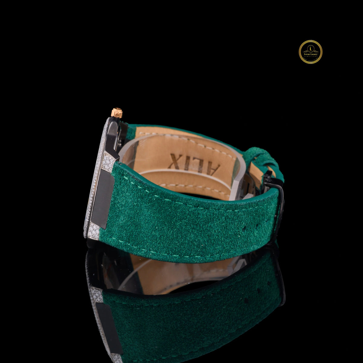 Green Dial Diamond Bezel Suede Leather Men's Watch - View 3