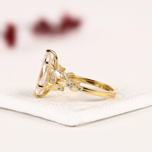 Marquise Cut Moissanite Diamond Vintage Floral Engagement Ring with Nature Inspired Band - View 2