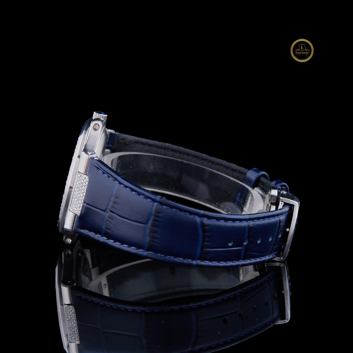 Luxury Diamond-Set Blue Dial Bezel Diamond Blue Leather Strap Watch - View 3