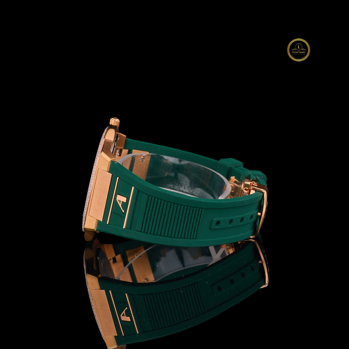 Rose Gold Green Dial Diamond Bezel Men's Rubber Strap Watch - View 3
