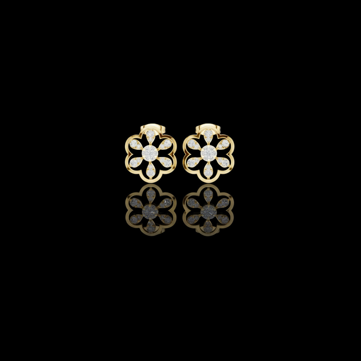 Scalloped Flower Petal Round Brilliant Cut Lab Diamond Stud Earrings Openwork Blossom