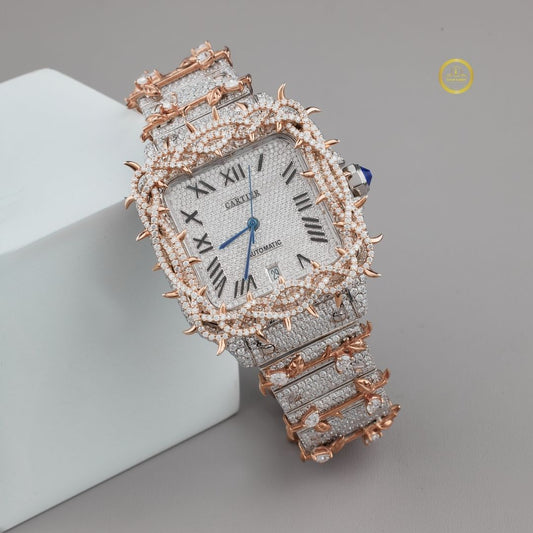 Magnificent Moissanite Diamond-Studded Two-Tone Luxury Timepiece with Roman Dial and Intricate Rose Gold Detailing