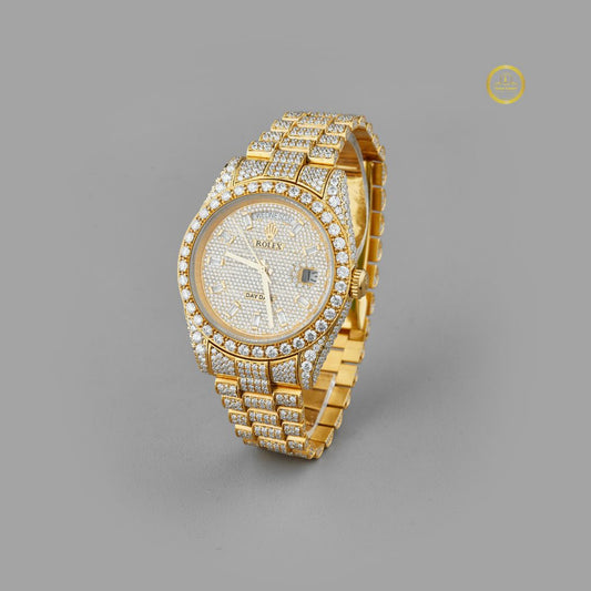 Exquisite Solid Yellow Gold Fully Iced-Out Moissanite Diamond Timepiece with Pave Set Dial
