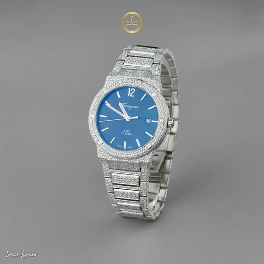 Luxury Full Iced Out Moissanite Diamond Watch for Men with Sky Blue Face by Ivevar