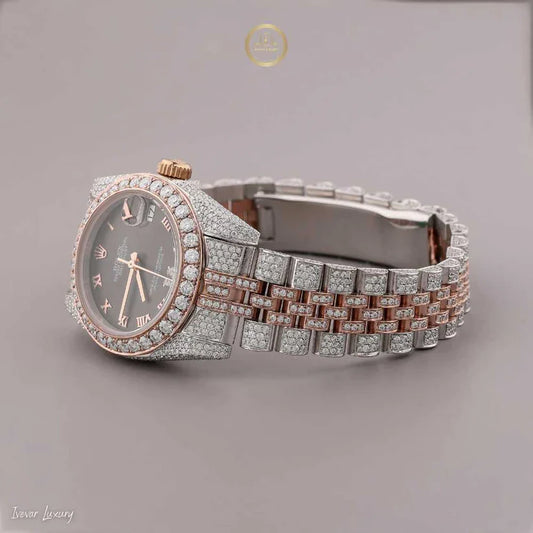 Sustainable Two-Tone Moissanite Diamond Encrusted Luxury Watch with Black Roman Dial By Ivevar Luxury