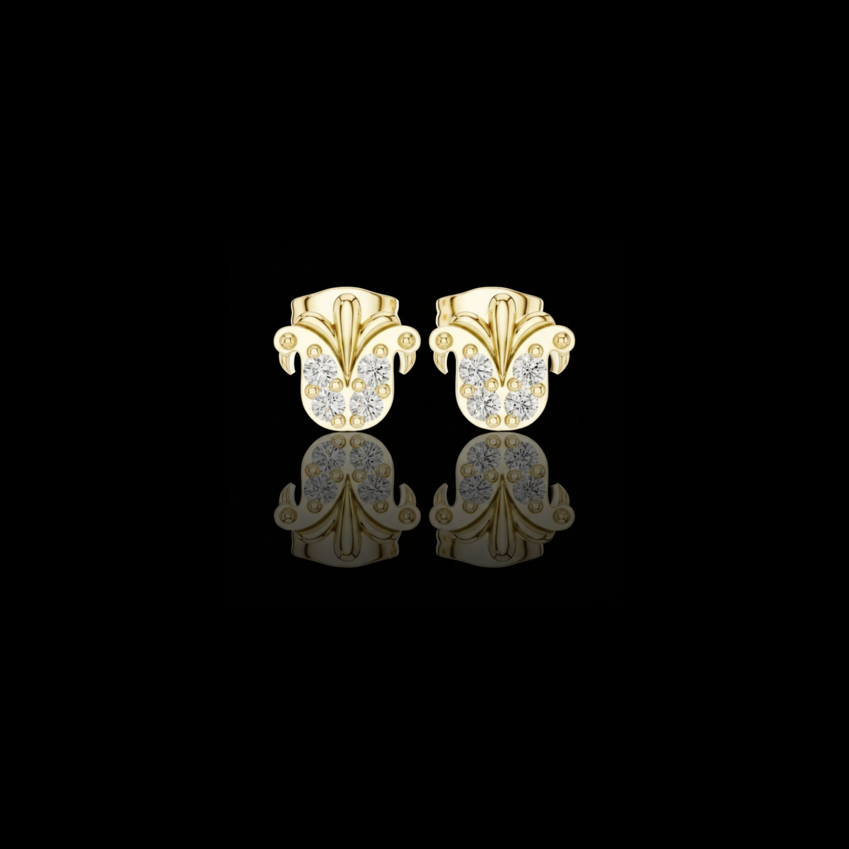 Regal Quartet Round Lab Diamond Stud Earrings with Sculpted Crest Design