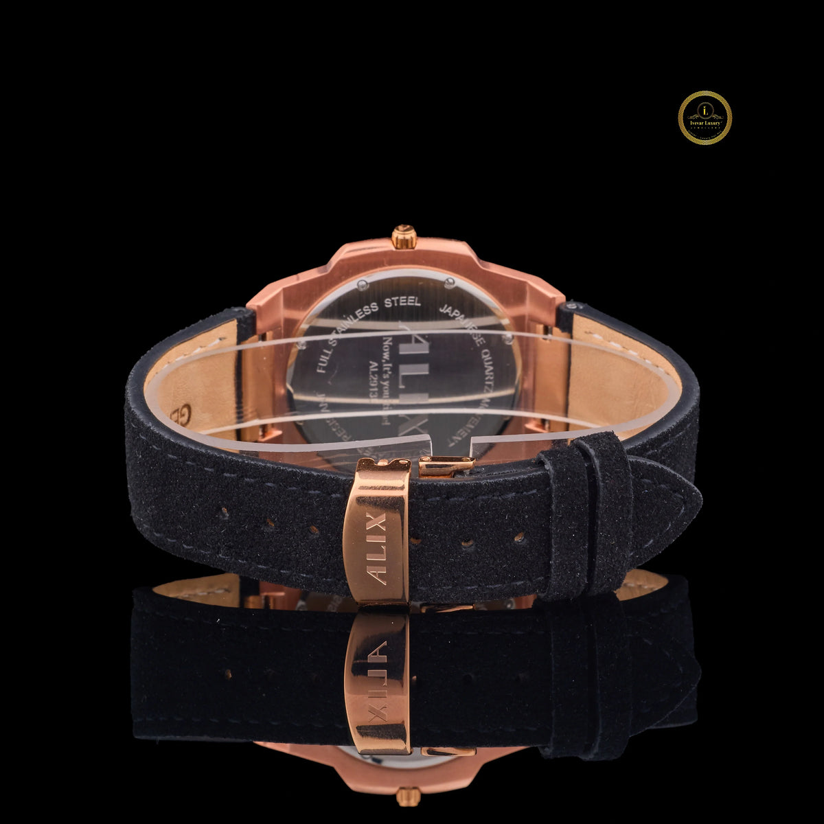 Rose Gold Crystal Bezel Diamond Black Dial Watch - View 4
