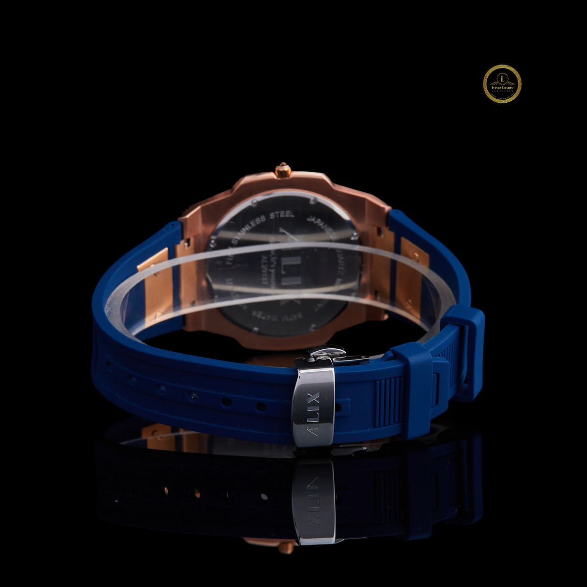 Rose Gold Blue Face Diamond Bezel Blue Strap Luxury Watch - View 4