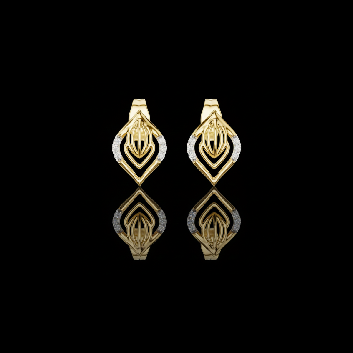 Layered Leaf Round Lab Diamond Geometric Stud Earrings with Pavé Detail