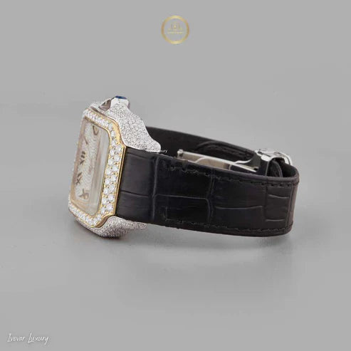 Exquisite Moissanite Diamond-Studded Square Luxury Timepiece with Roman Numerals and Black Leather Strap